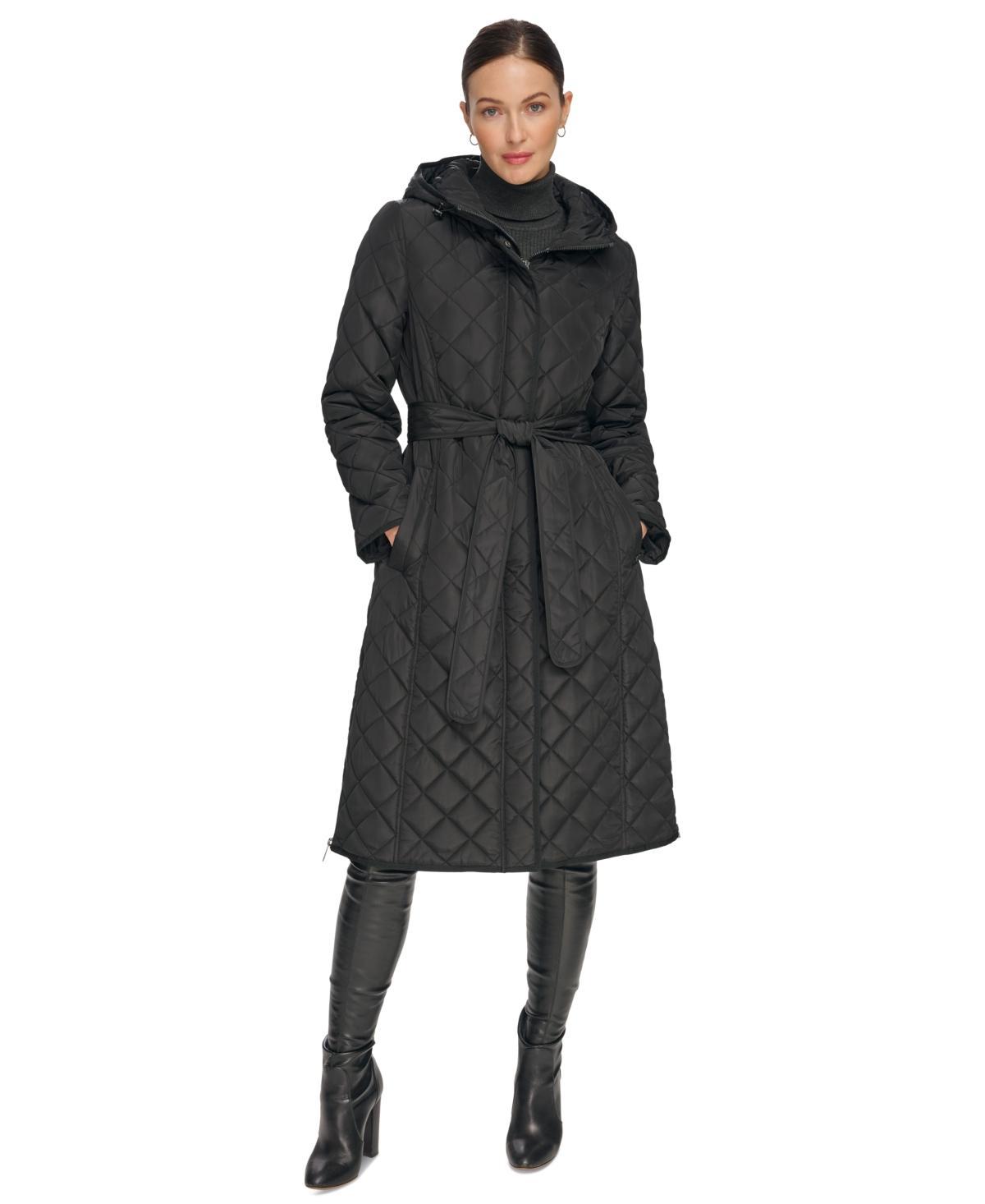 Dkny Womens Hooded Belted Quilted Coat Product Image