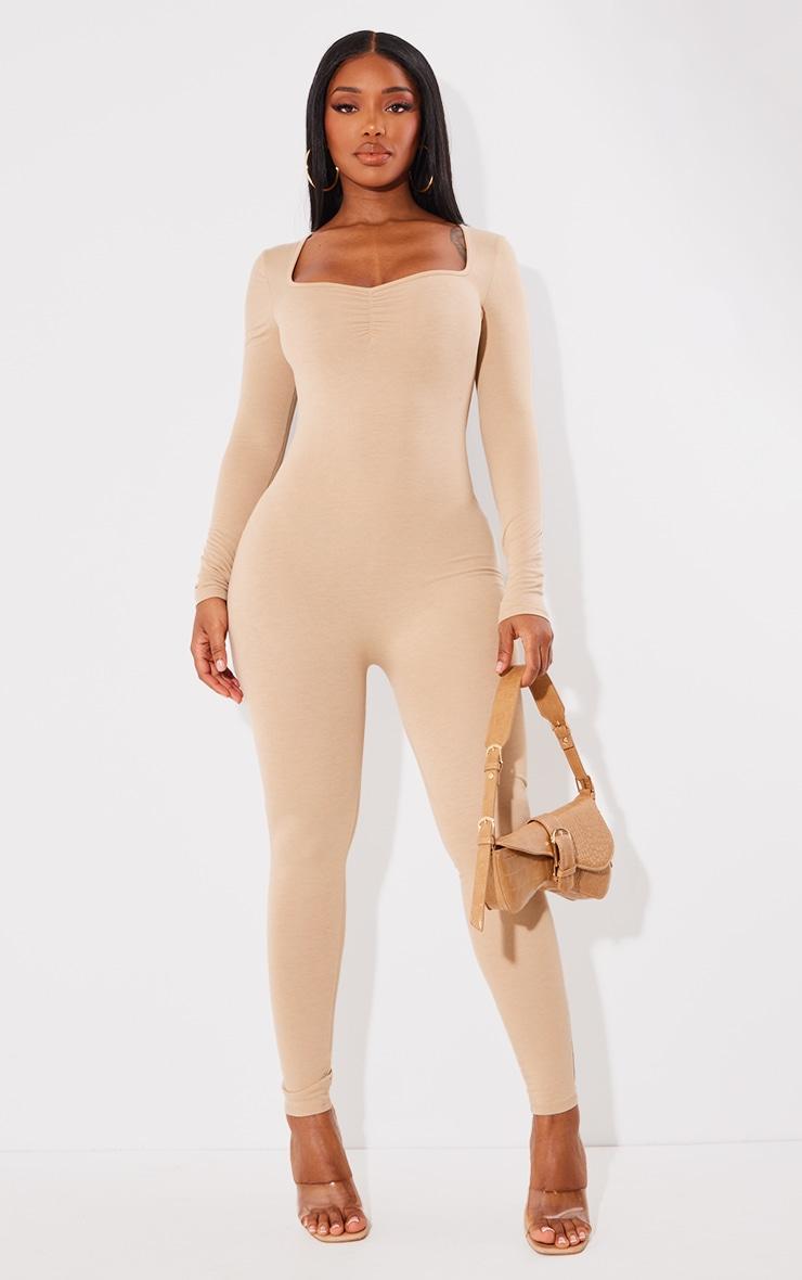 Shape Taupe Contour Jersey Ruched Bust Long Sleeve Jumpsuit Product Image