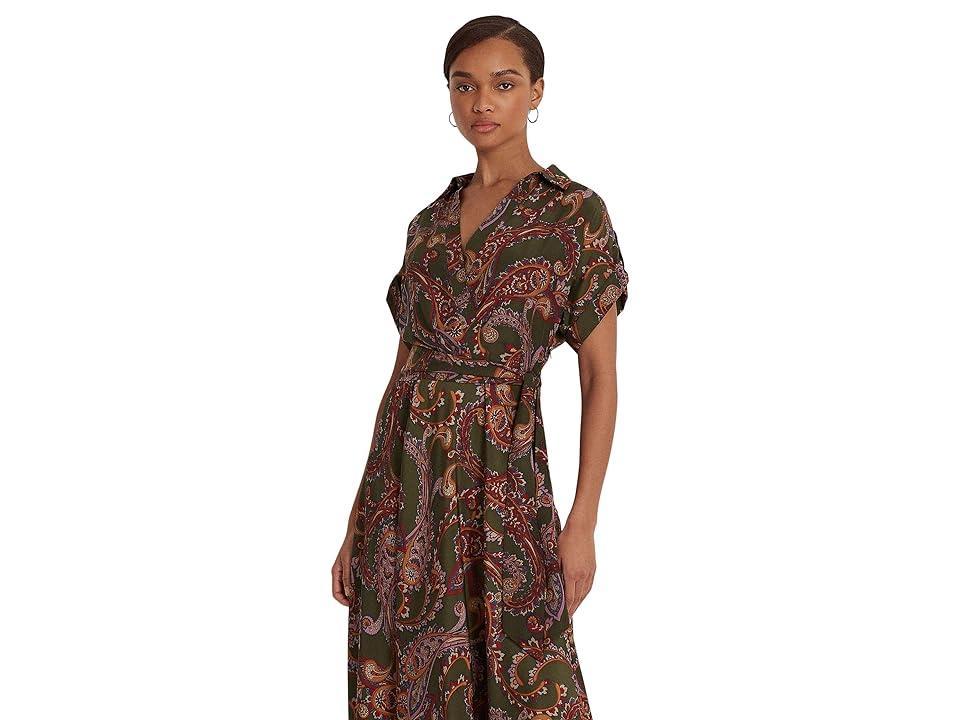 Lauren Ralph Lauren Paisley Belted Crepe Dress (Olive Multi) Women's Dress Product Image