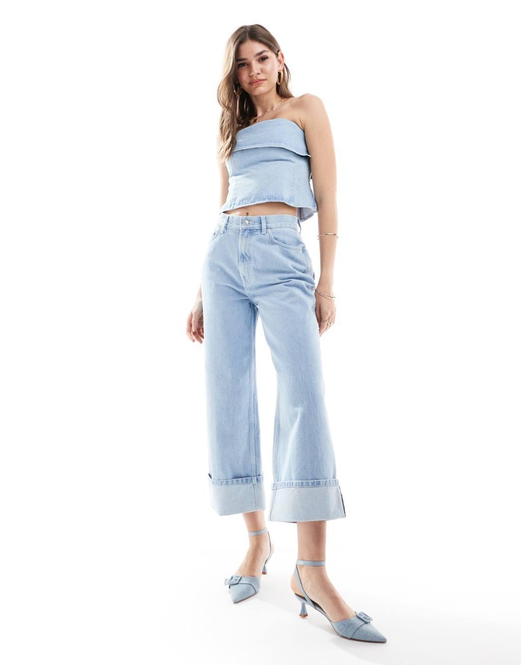 ASOS DESIGN denim fold over bandeau in bleach Product Image