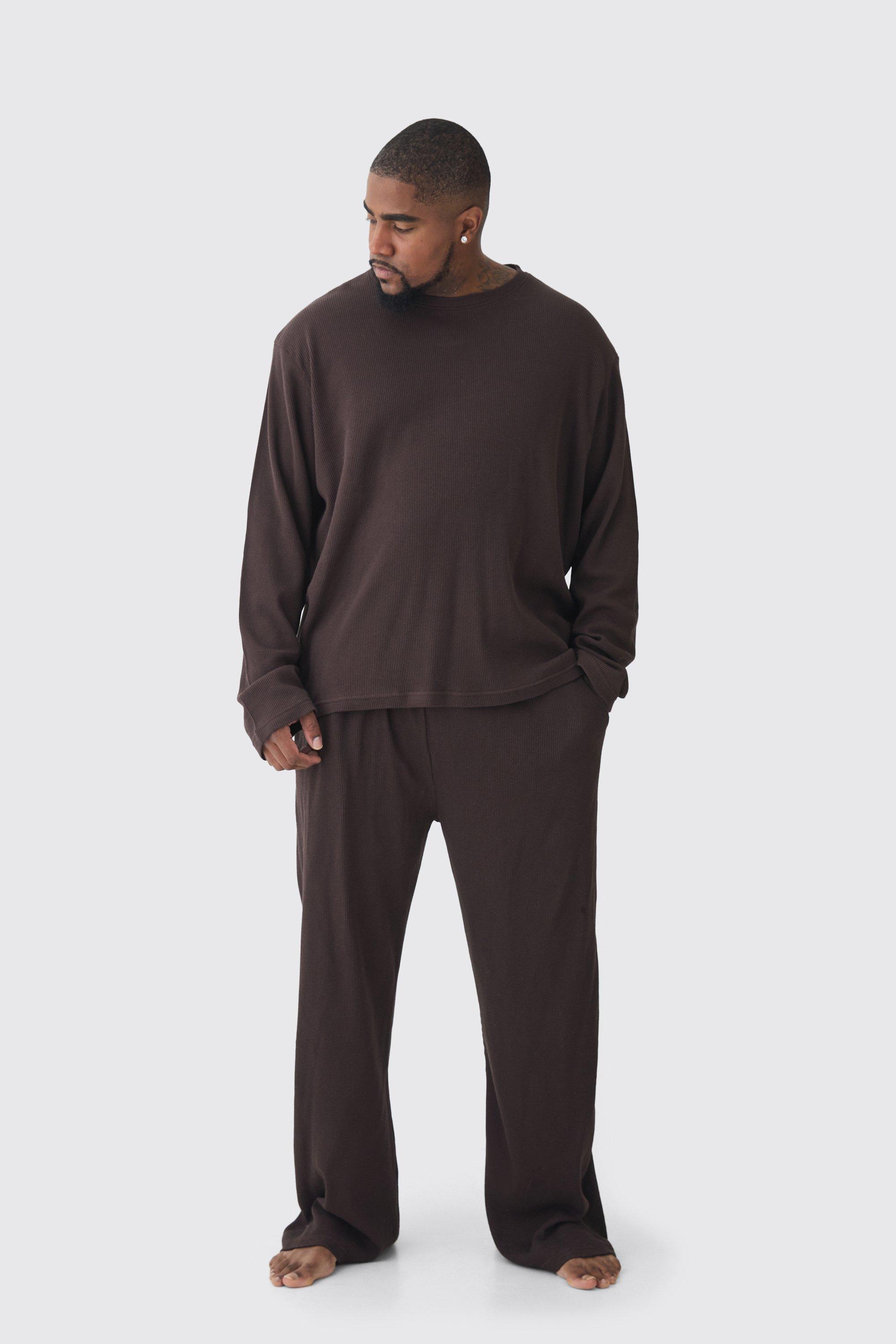 Plus Long Sleeve Waffle Lounge T-shirt & Sweatpants Set in Chocolate | boohooMAN USA Product Image