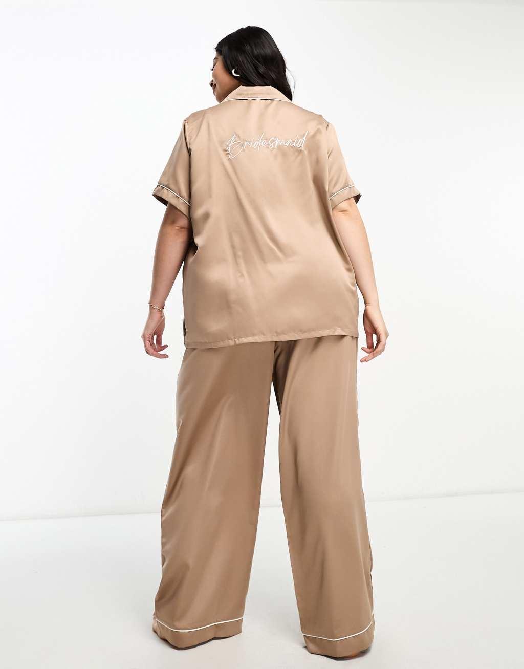 Loungeable Curve bridesmaid satin short sleeve camp collar shirt and pants Product Image