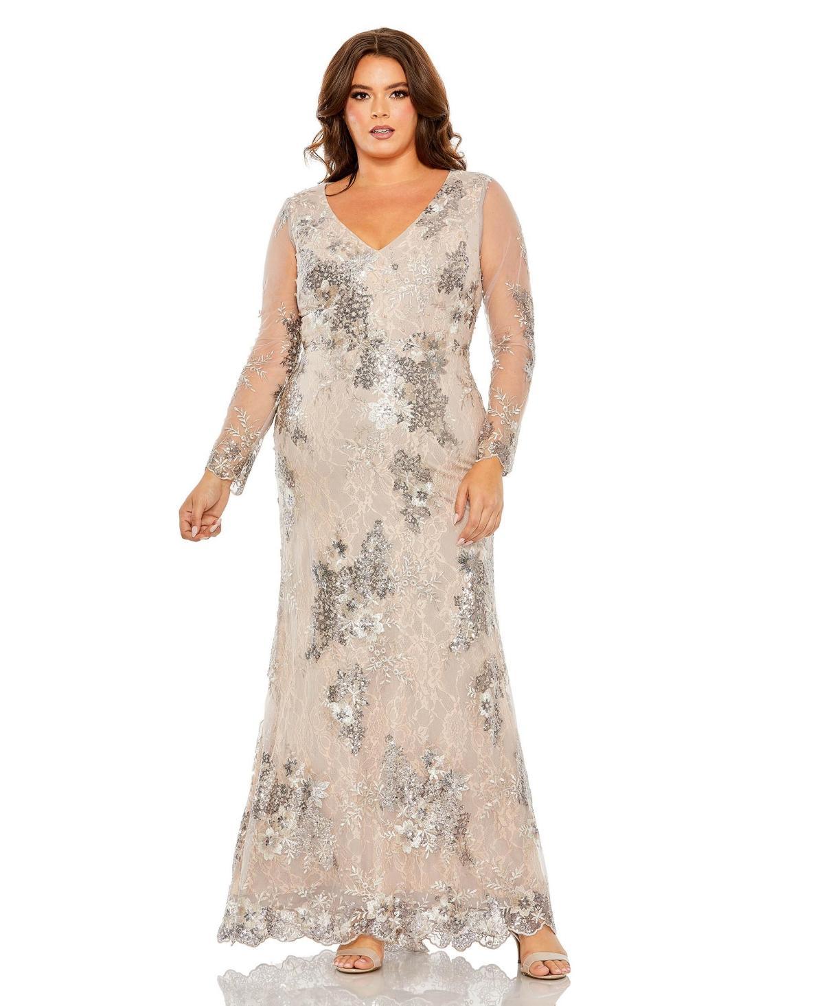 Mac Duggal Womens V Neck Mesh Long Sleeve Embroidered Gown Product Image