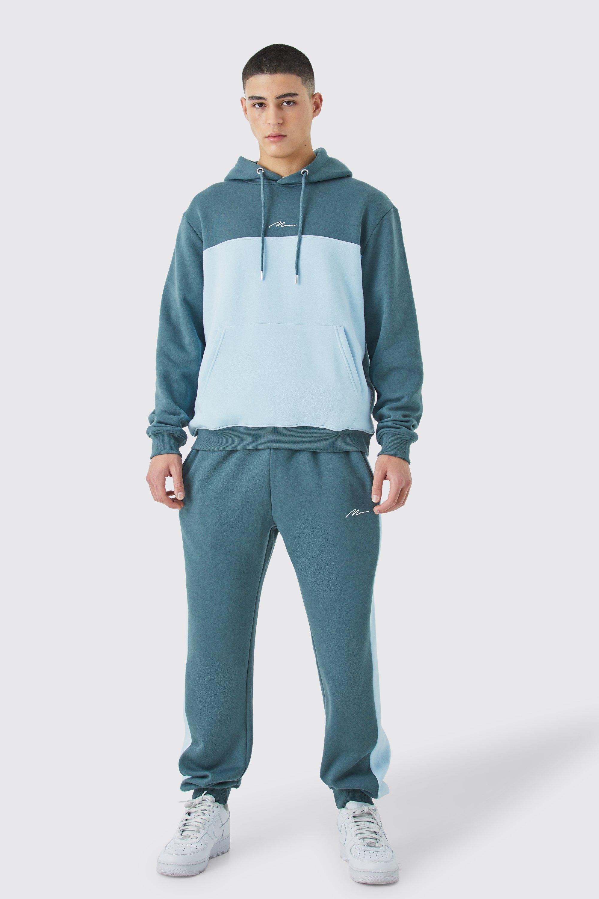 Mens Blue Man Signature Colour Block Hooded Tracksuit, Blue Product Image