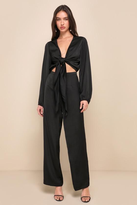 Trendsetting Direction Black Satin Tie-Front Wide-Leg Jumpsuit Product Image