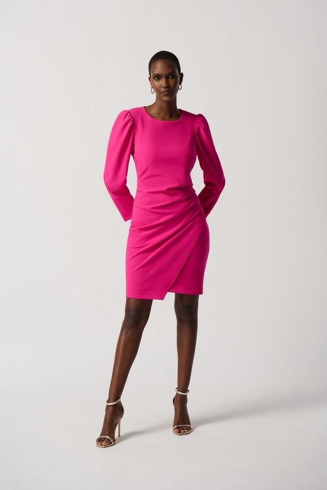 Stretch Twill Sheath Dress With Puff Sleeves- Shocking Pink Product Image