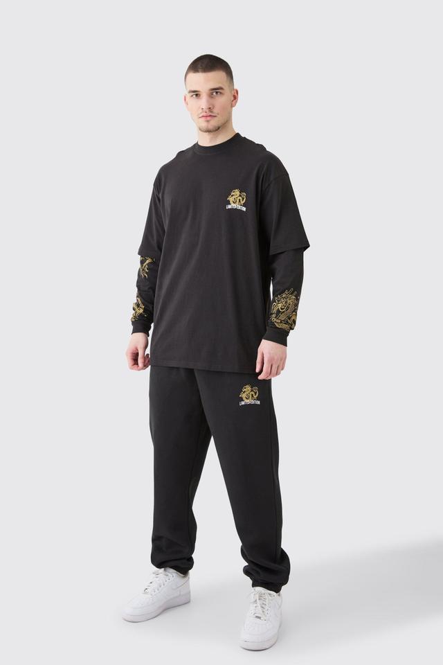 Tall Oversized Dragon Faux Layer T-shirt Tracksuit | boohooMAN USA Product Image