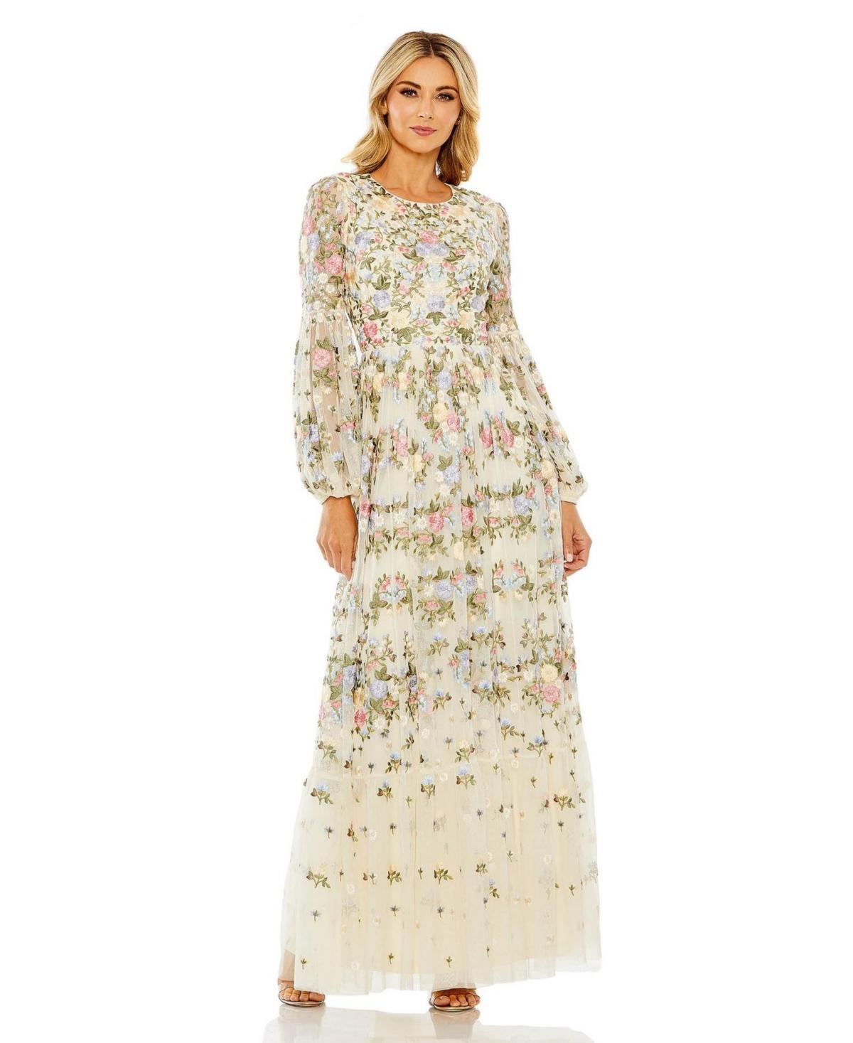 Women's High Neck Floral Embroidered Puff Sleeve Gown Product Image