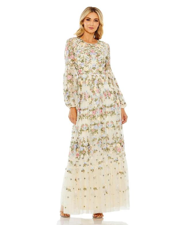 Womens High Neck Floral Embroidered Puff Sleeve Gown Product Image