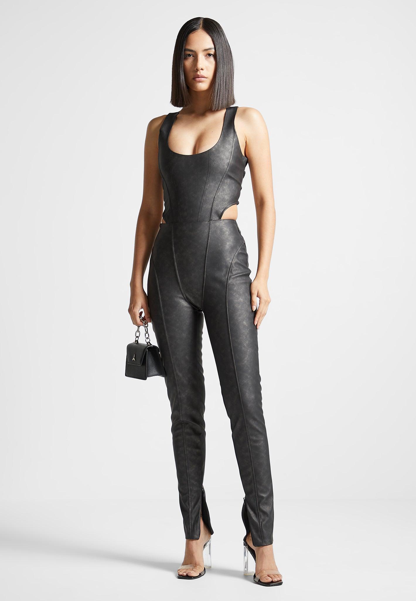 Vintage Vegan Leather Corset Jumpsuit - Black Female Product Image