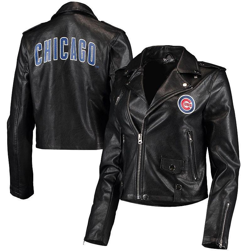 Womens The Wild Collective Black Chicago Cubs Faux Leather Moto Full-Zip Jacket Product Image