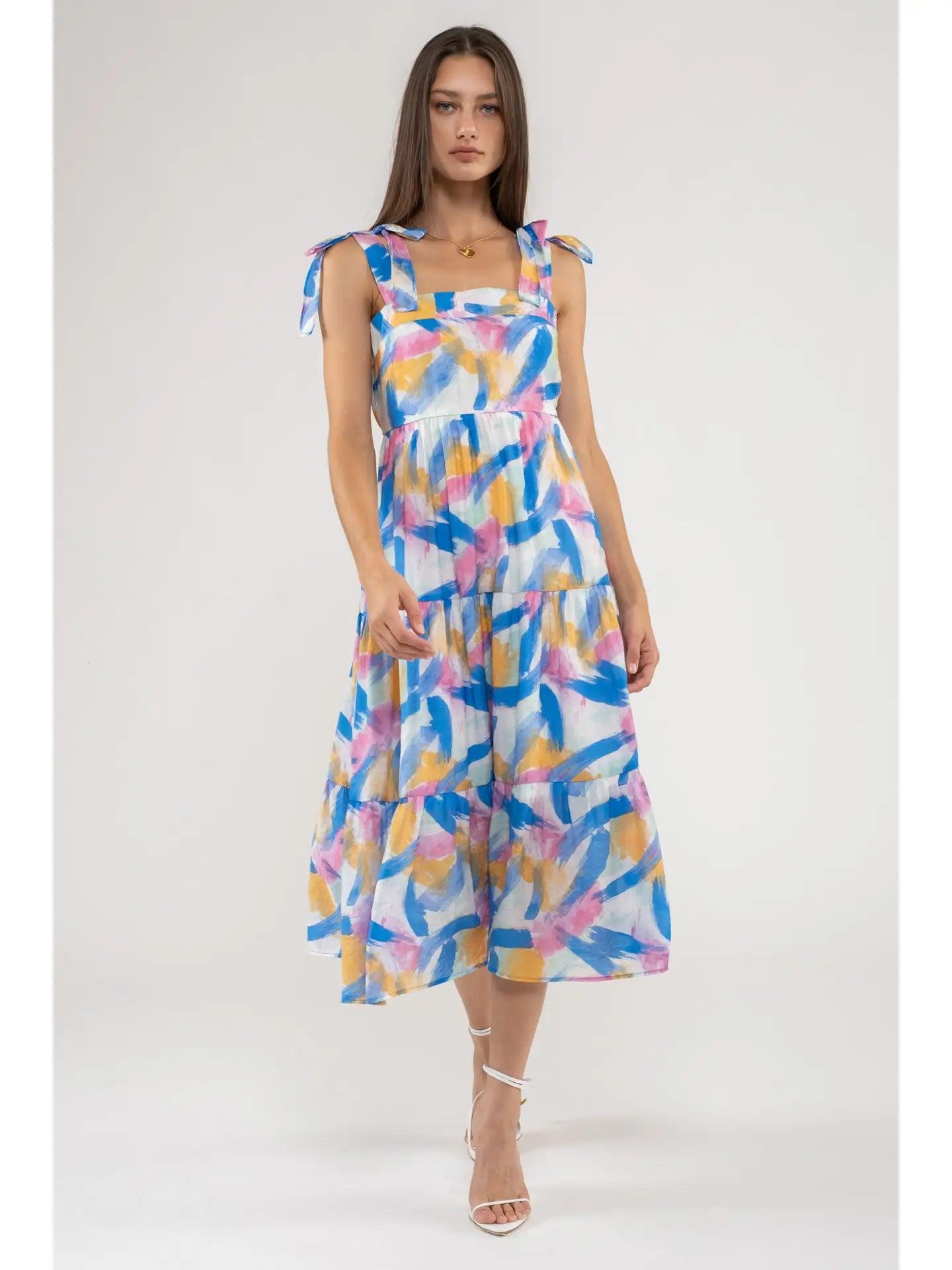 Watercolor Brush Stroke Print Tiered Midi Dress Female Product Image