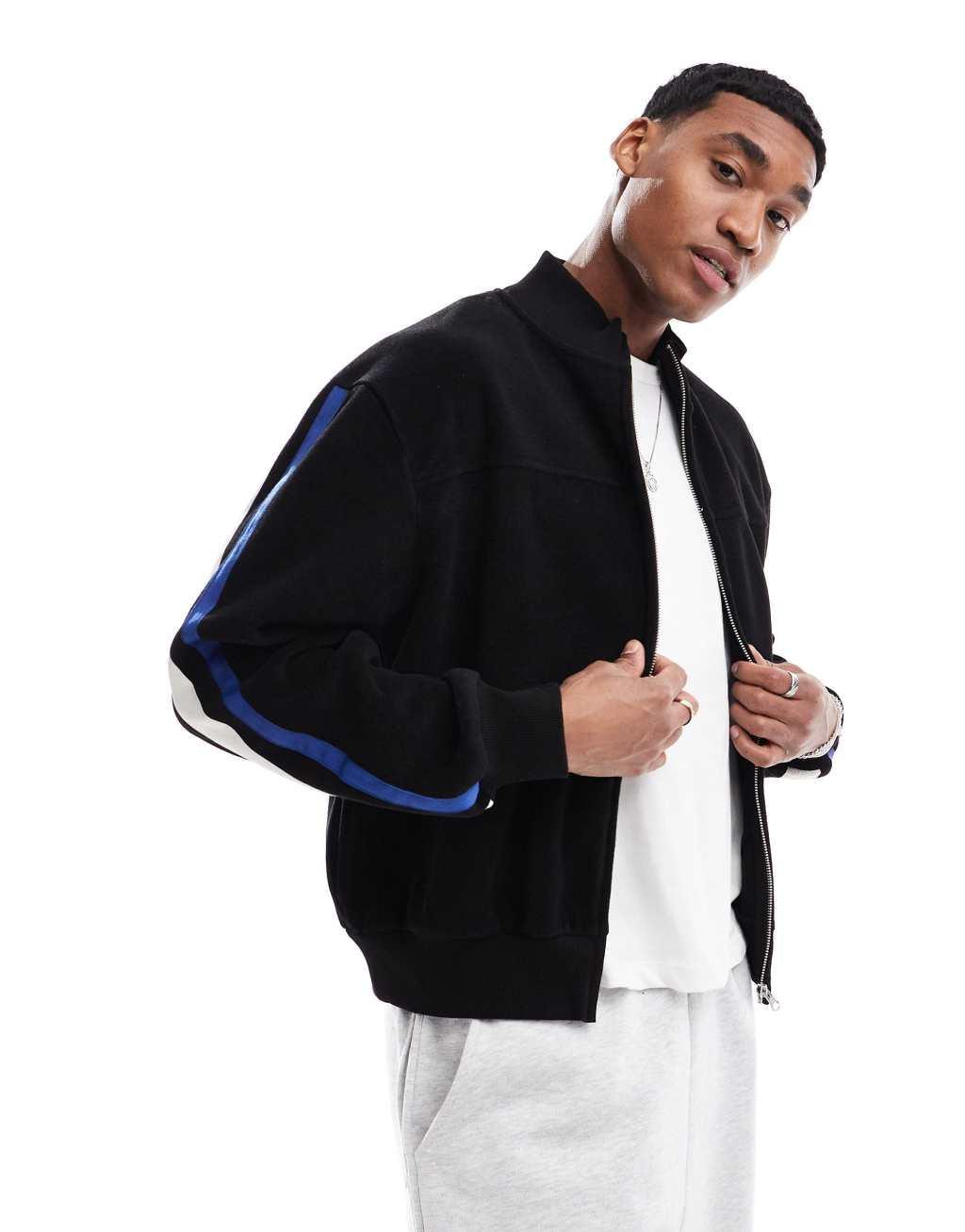 ASOS DESIGN fleece track jacket with taping in black Product Image