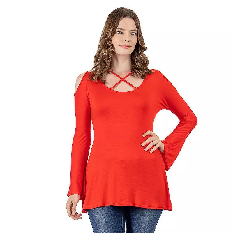 Womens 24Seven Comfort Apparel Criss Cross Cold Shoulder Long Sleeve Top Product Image