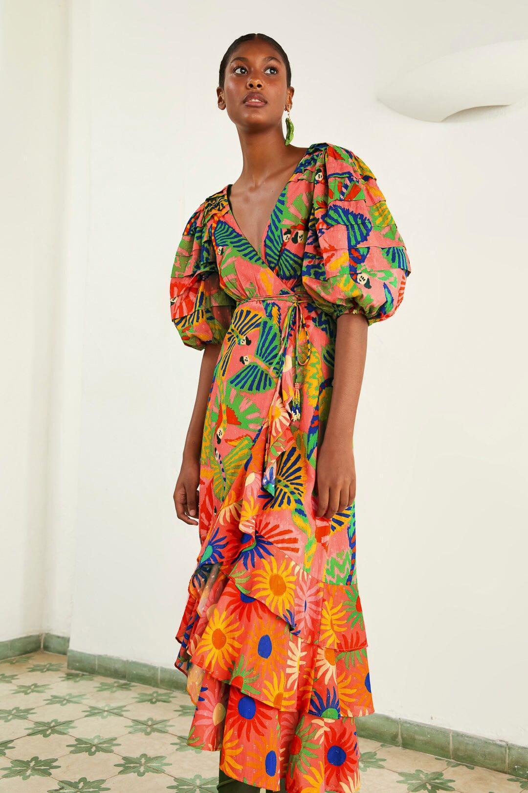 Coral Mixed Graphic Macaws Puff Sleeve Midi Dress Product Image