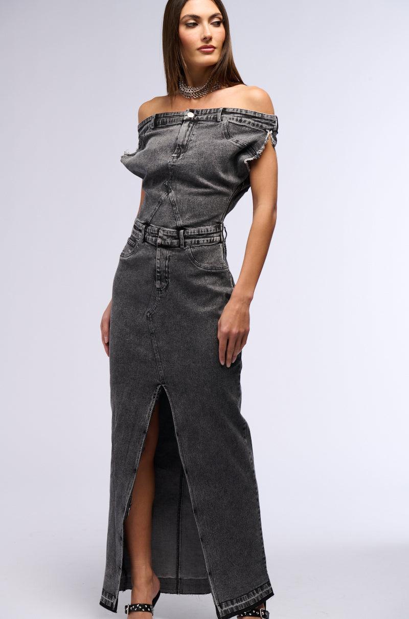 DERRIA OFF THE SHOULDER DENIM MAXI DRESS Product Image