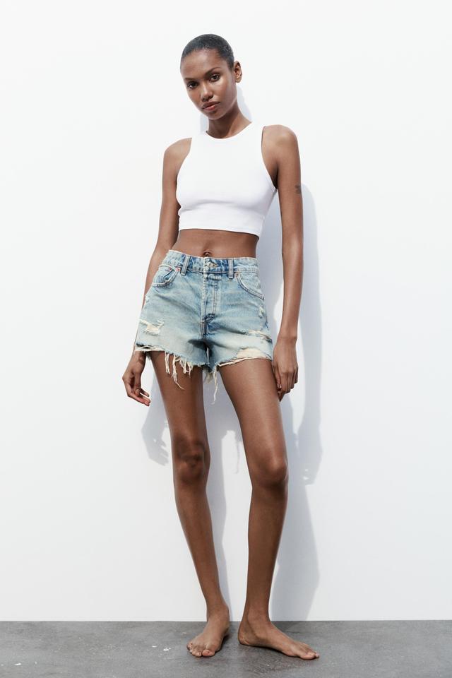 TRF RIPPED MID WAIST DENIM SHORTS Product Image