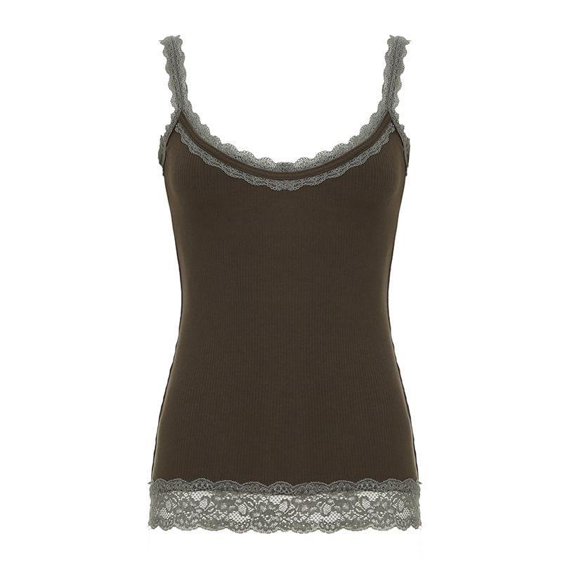 V-Neck Lace-Trim Plain Slim-Fit Tank Top Product Image