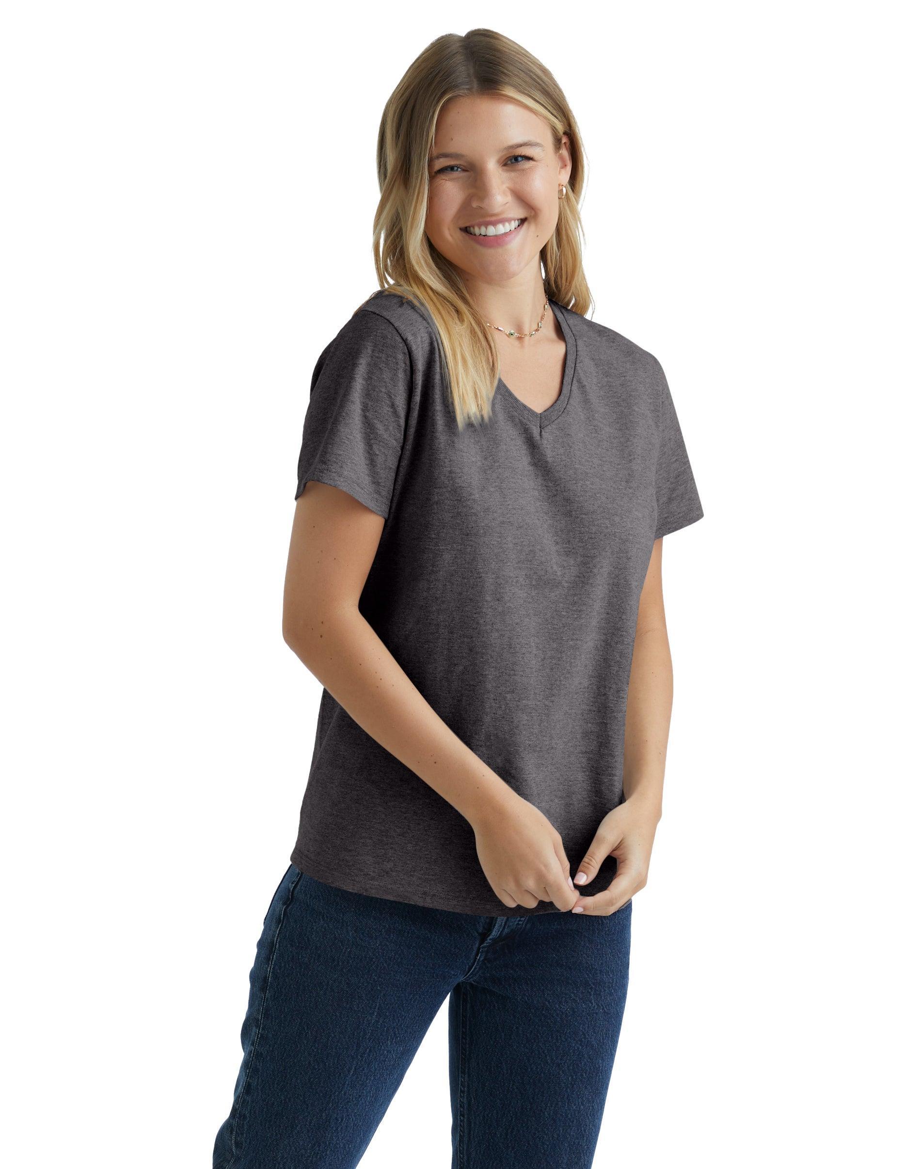 Hanes Essentials Womens Cotton V-Neck T-Shirt Charcoal Heather 2XL product image