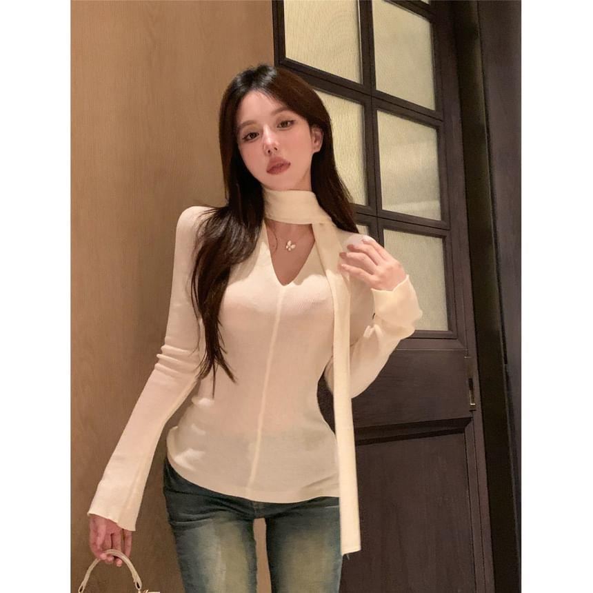 Long-Sleeve Scarf Neck Plain Slim Fit Knit Top Product Image