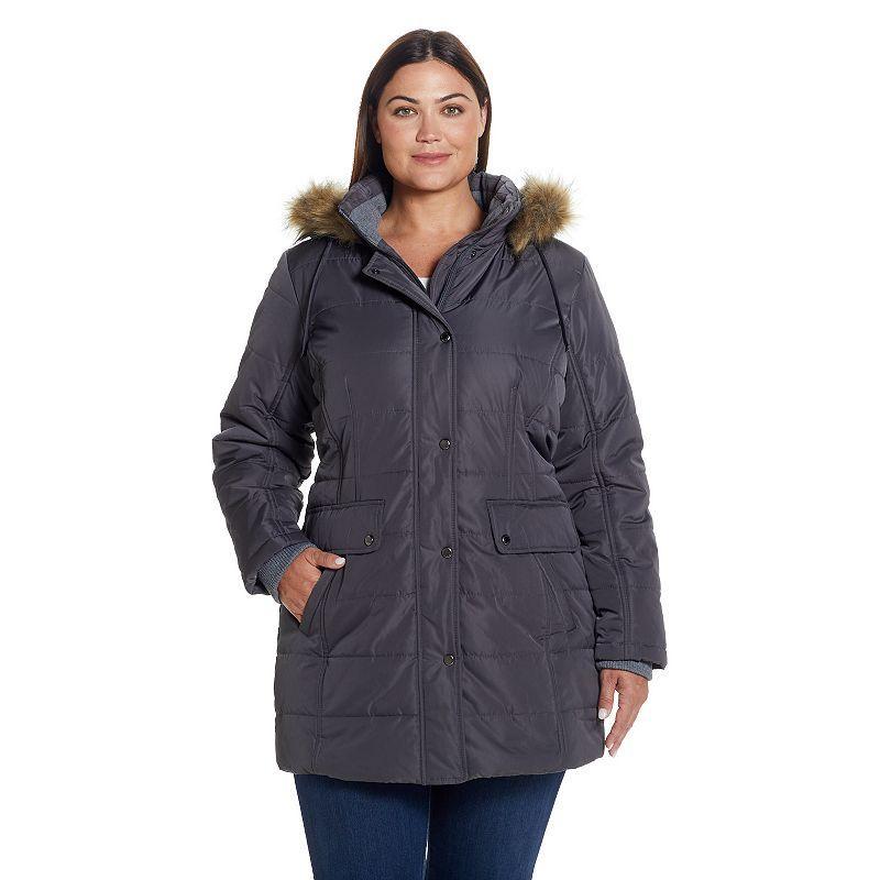 Plus Size Weathercast Faux-Fur Trim Hooded Parka Coat, Womens Grey Product Image