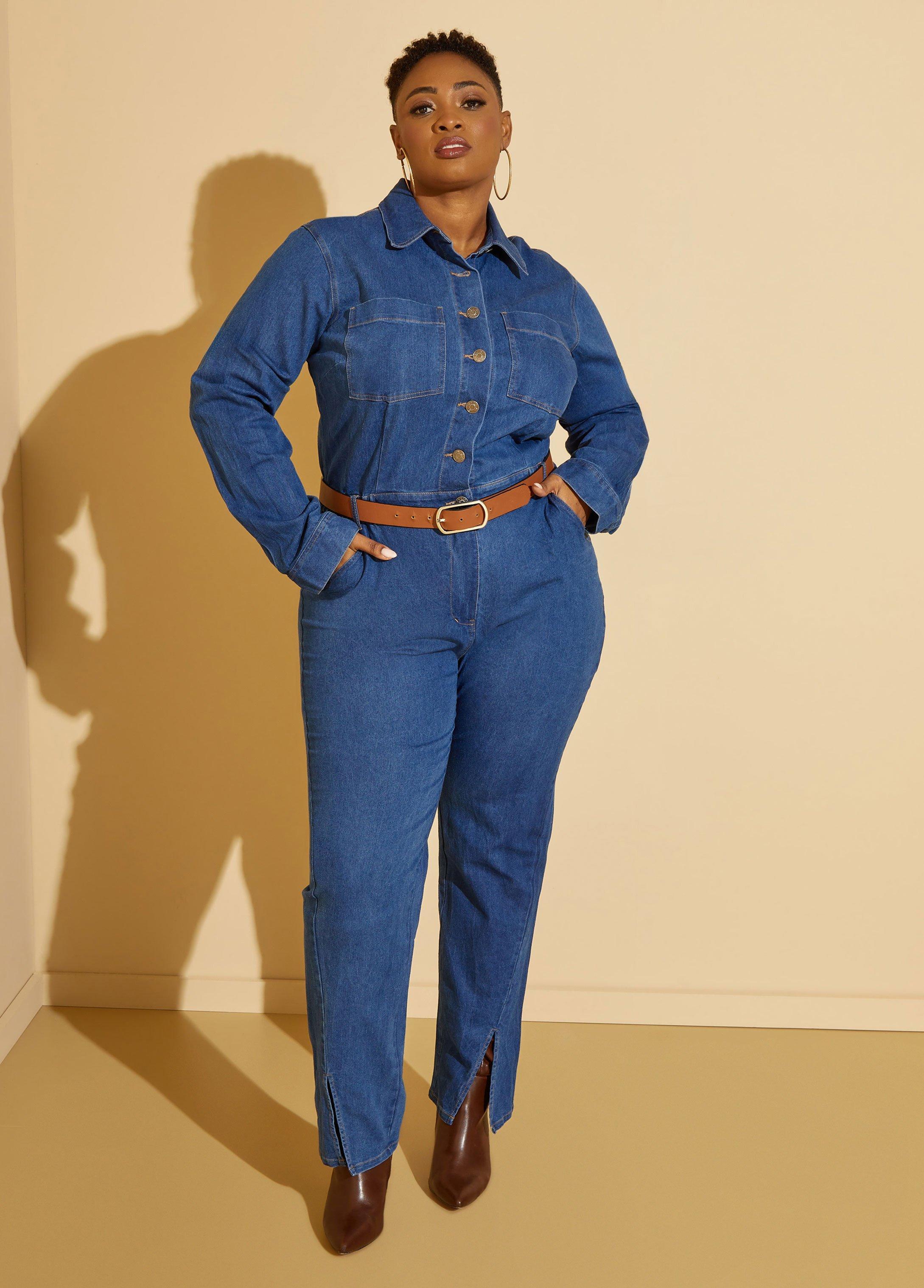 Plus Size Ankle Split Denim Jumpsuit Ashley Stewart Product Image