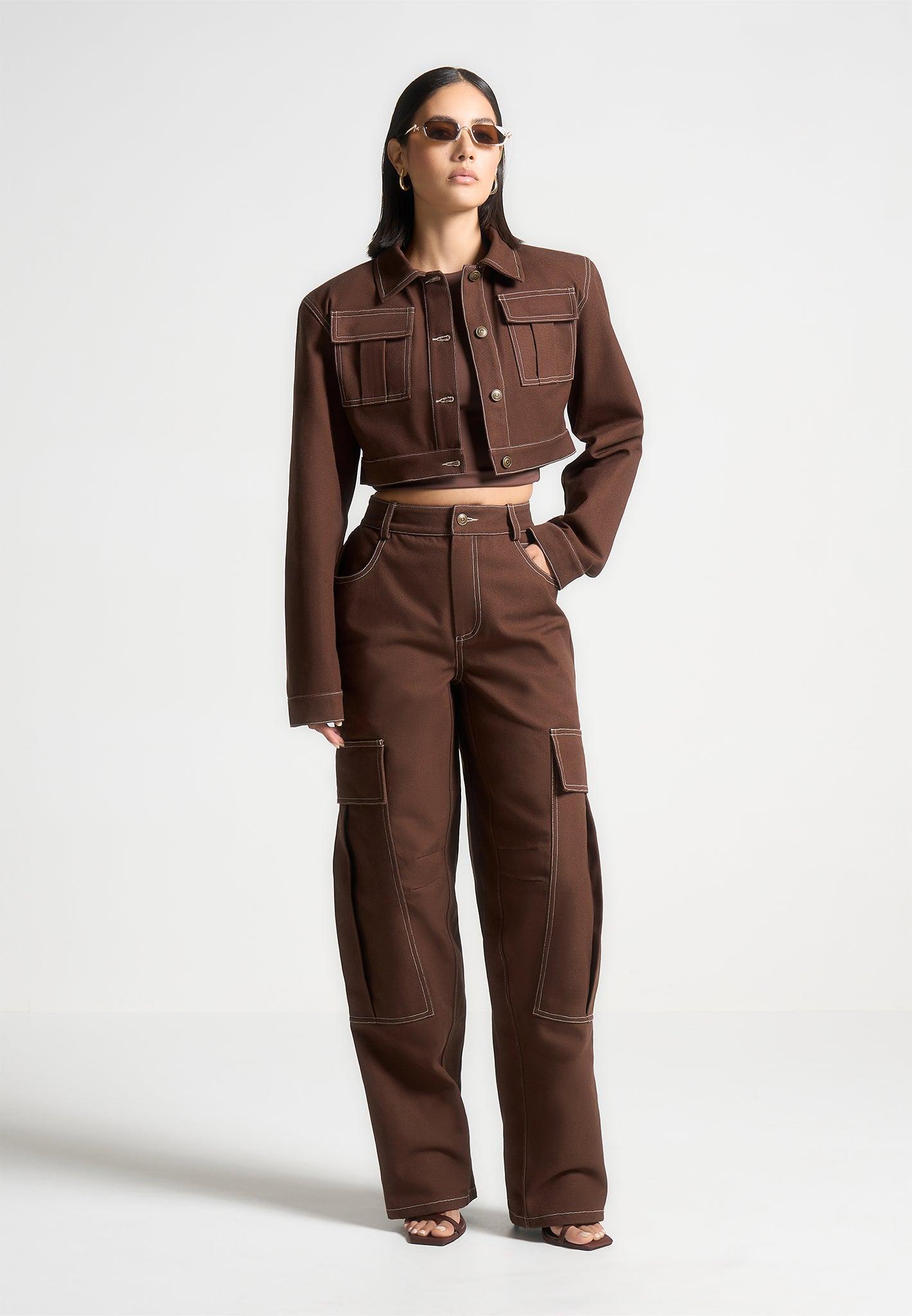 High Rise Drill Cargo Pants - Brown Female Product Image