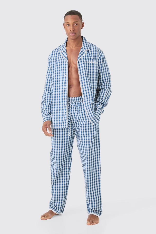 Mens Blue Oversized Lounge Checked Shirt & Bottom Set, Blue Product Image