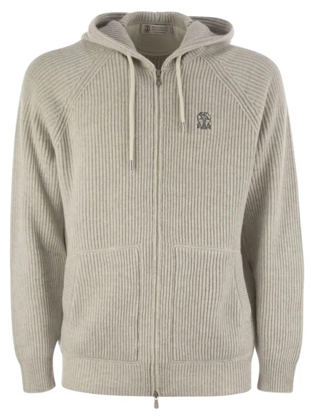 English Rib Cashmere Knit Hooded Topwear In Light Grey Product Image