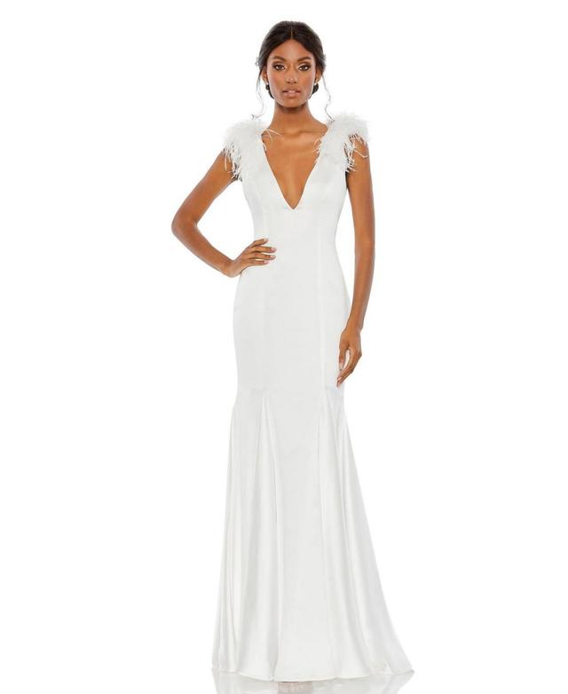 Womens Feather Shoulder V Neck Column Gown Product Image