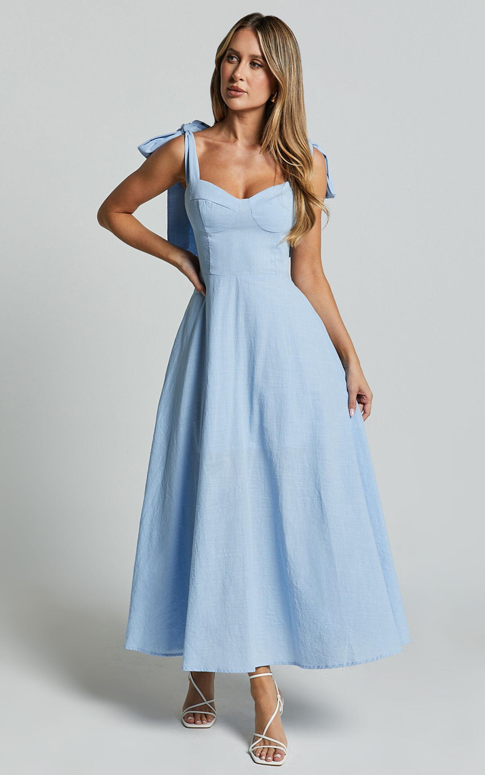 Tymia Midi Dress - Shoulder Tie Bustier Shirred Back A Line in Pastel Blue Product Image