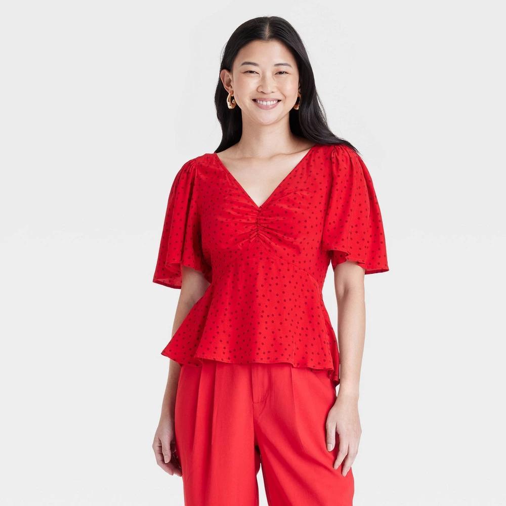 Womens Slim Fit Flutter Short Sleeve V-Neck Top - A New Day Red Polka Dots XL Product Image