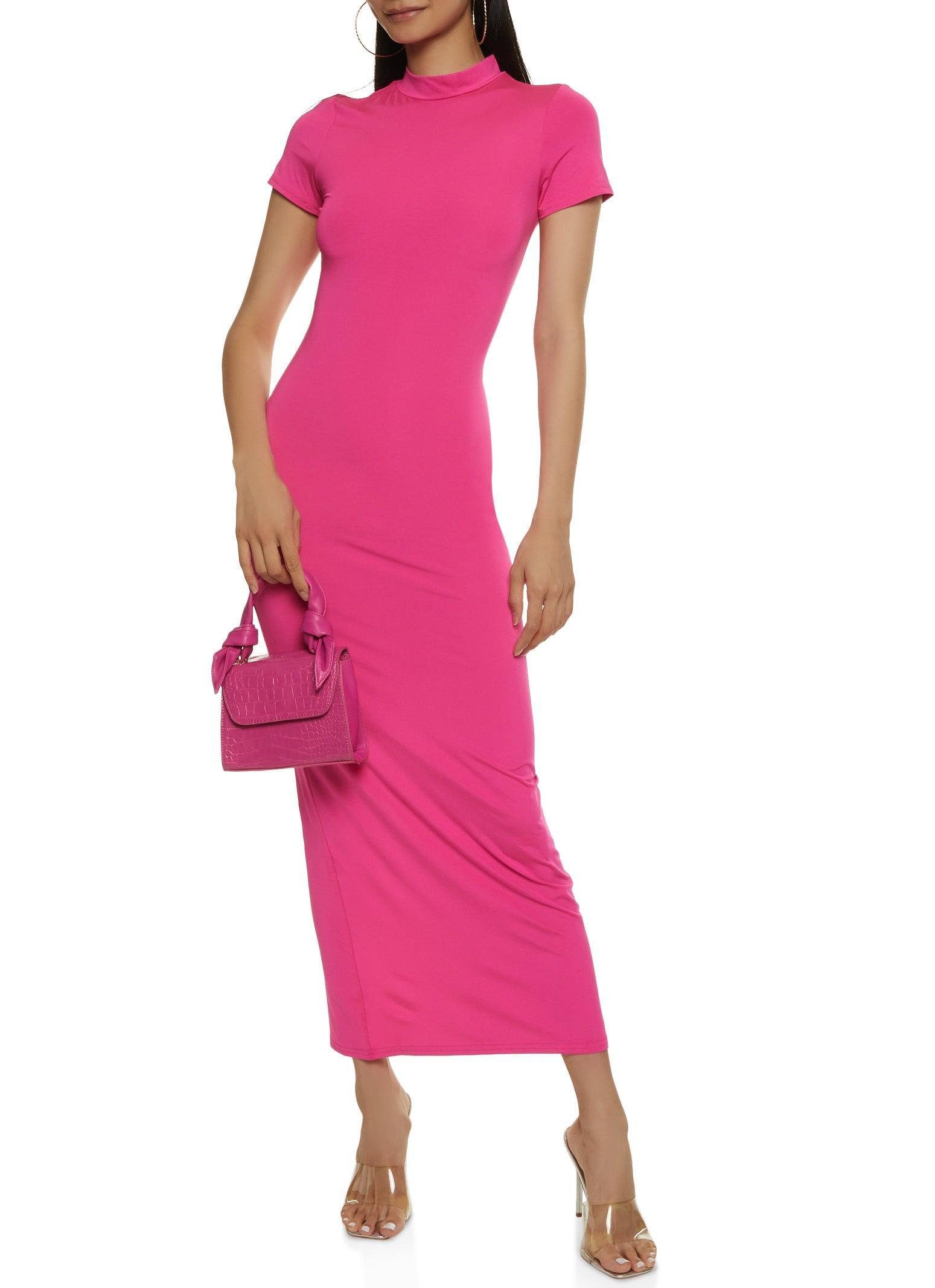 Womens Solid Short Sleeve Mock Neck Maxi Dress Product Image