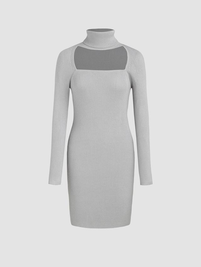 Knit Solid Turtleneck Cut Out Mini Dress Product Image