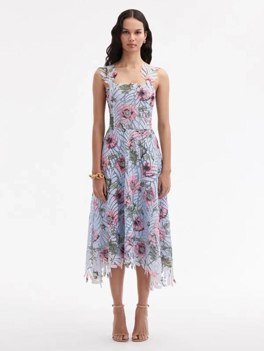 OSCAR DE LA RENTA Floral Guipure-lace Midi Dress In Light Blue/pink Product Image