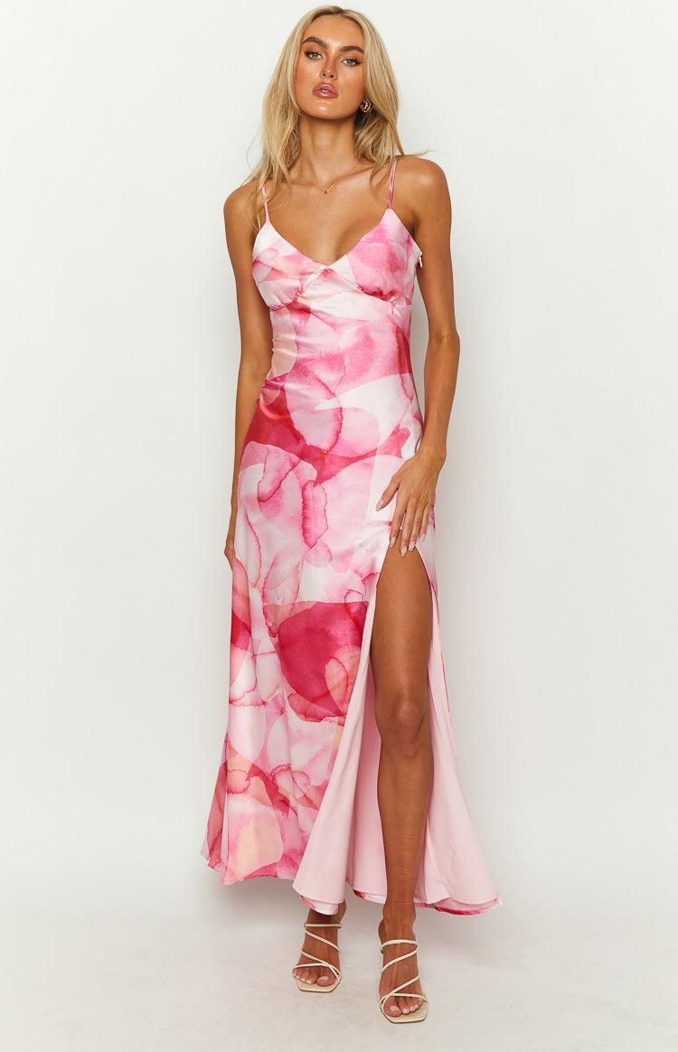 Lilie Pink Satin Print Maxi Dress Product Image