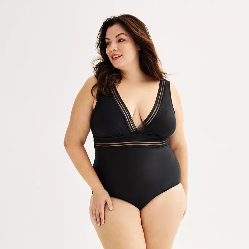 Plus Size Freshwater Mesh Lace Trimmed V-Neck Longline One Piece Swimsuit, Womens Product Image