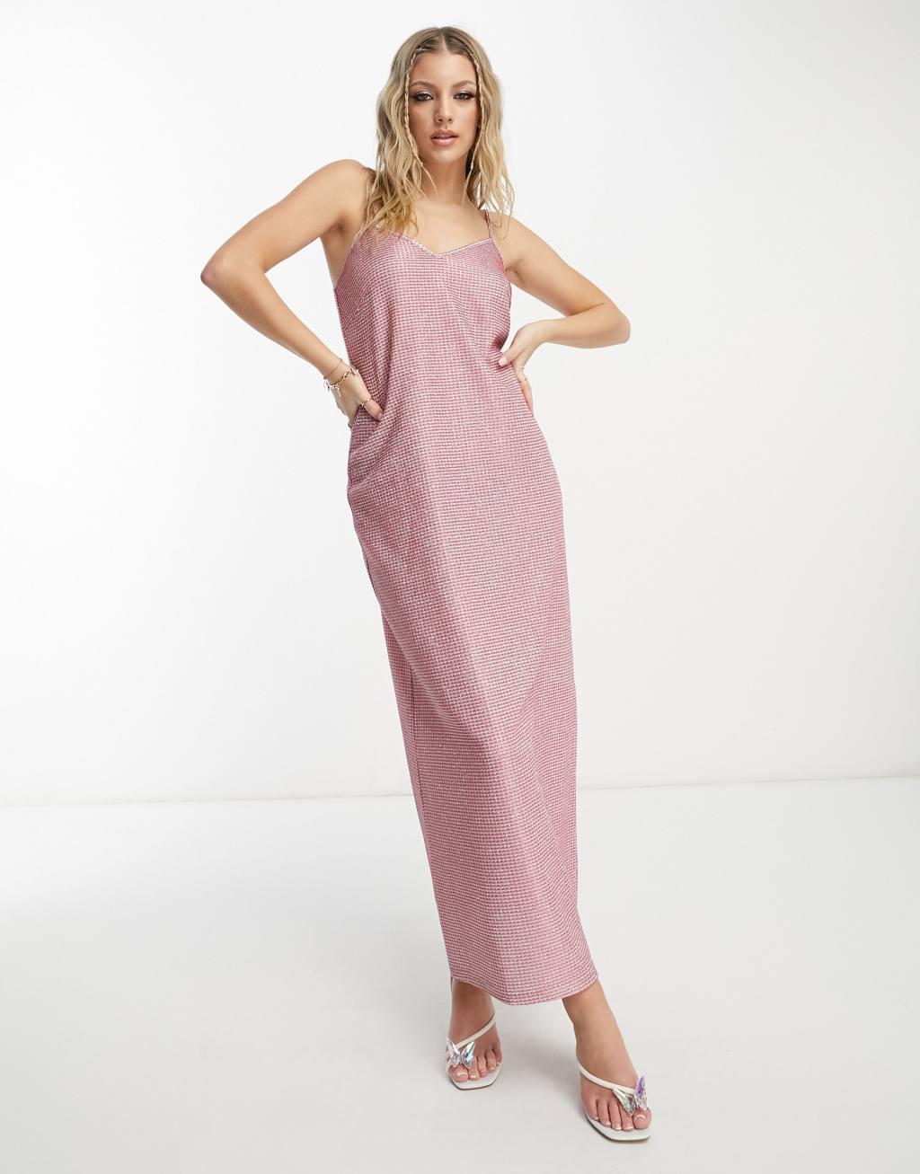 Pieces Premium maxi cami split dress in pink glitter Product Image