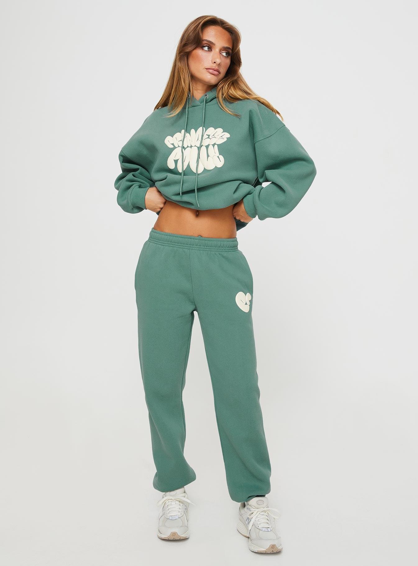 Princess Polly Track Pants Bubble Text Sage / Eggshell Product Image