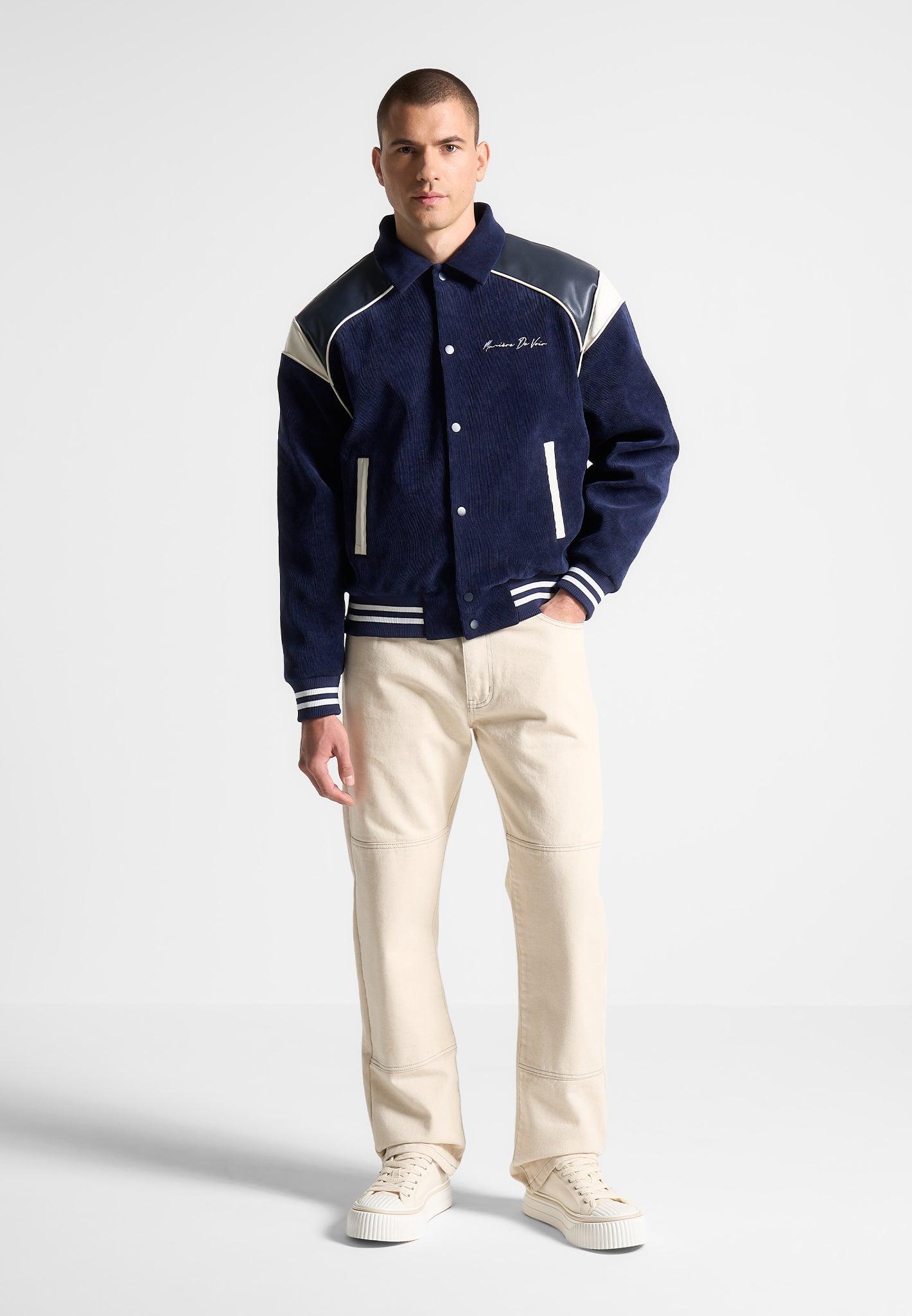 Raglan Corduroy Eiffel Varsity Jacket - Navy Male Product Image