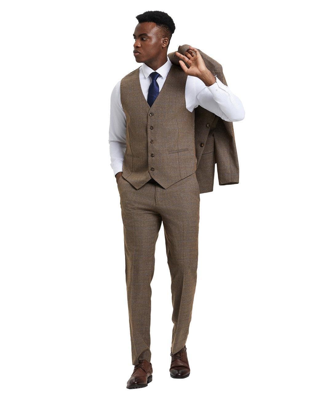 Stacy Adams 3 Piece Suit Glen Plaid Hybrid Fit in Brown with Adjustable Waistband Product Image