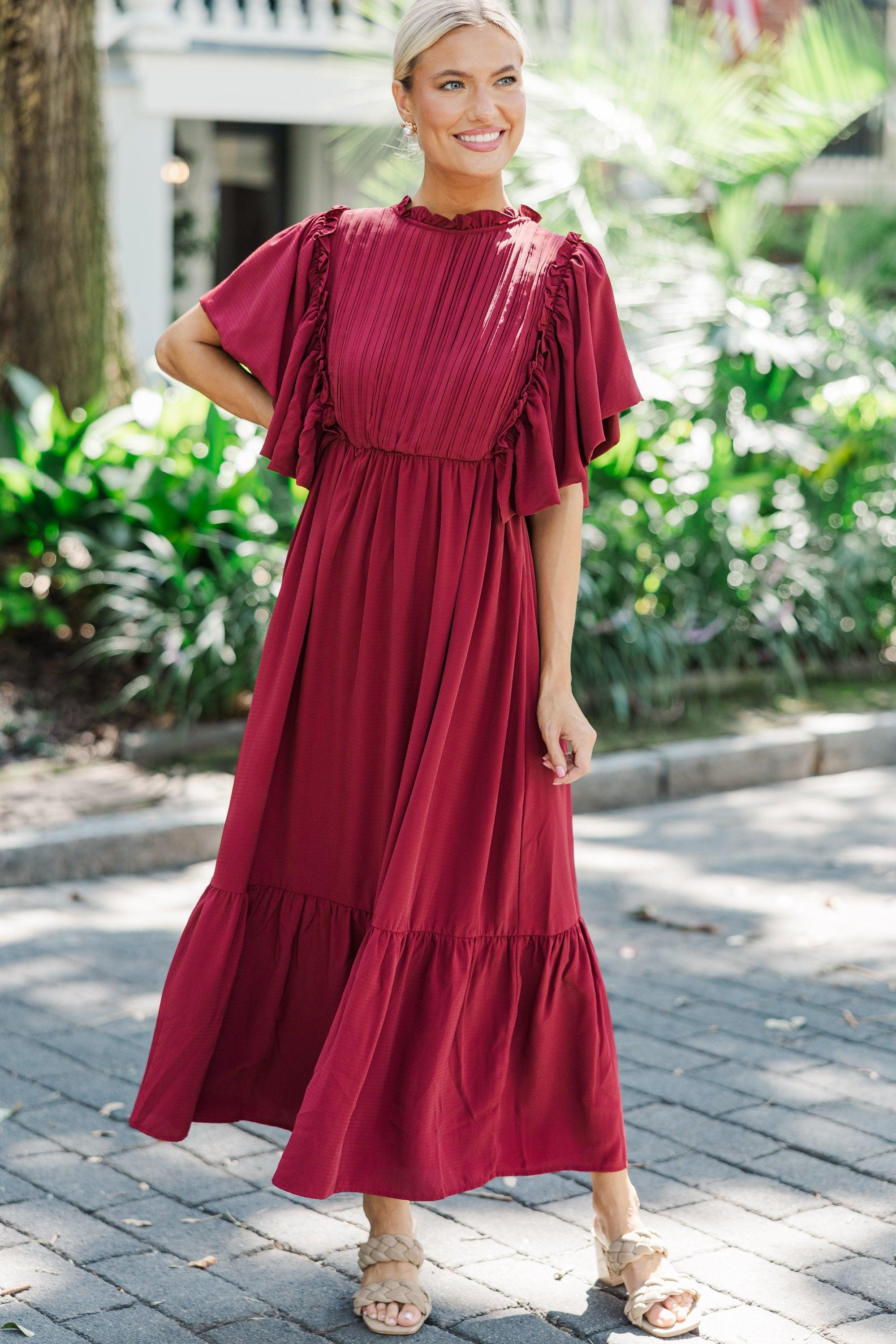 All The Good Burgundy Red Ruffled Midi Dress Female Product Image