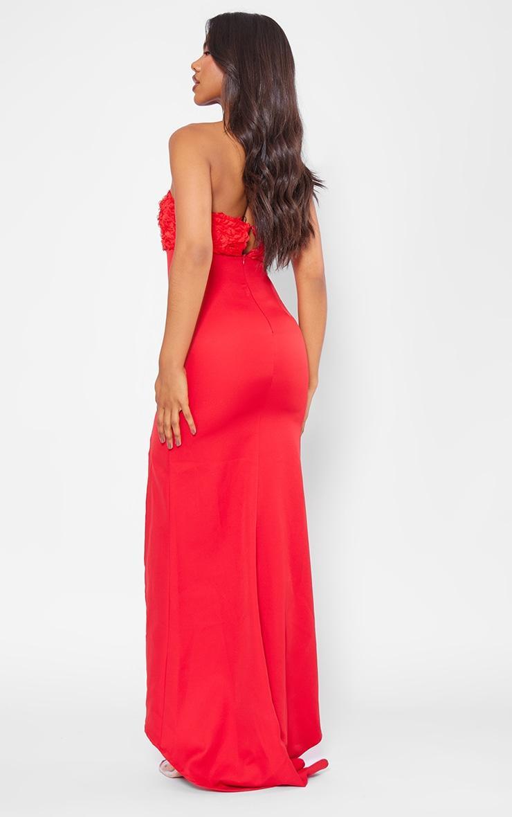 Red Satin Bandeau Rose Detail Split Leg Maxi Dress Product Image