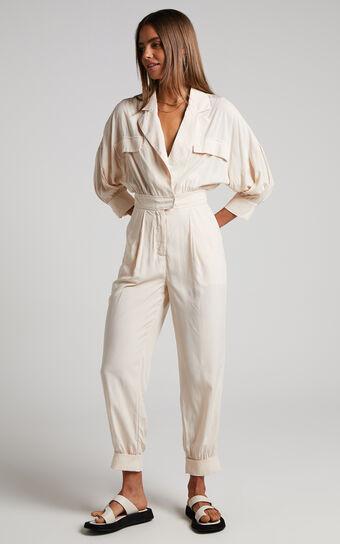 Ayelin Jumpsuit - Linen Look Relaxed 3/4 Sleeve Jumpsuit in Cream Product Image