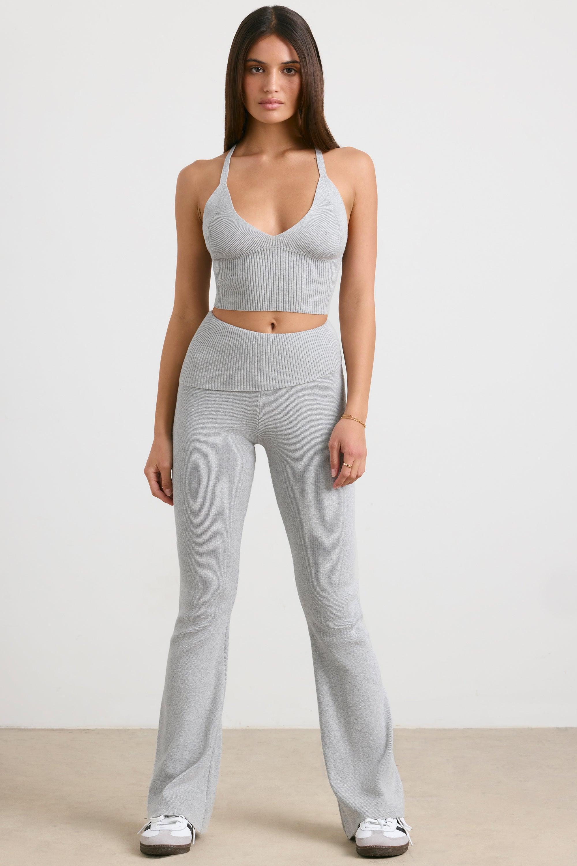 Petite Chunky Knit Kick Flare Trousers in Heather Grey Product Image