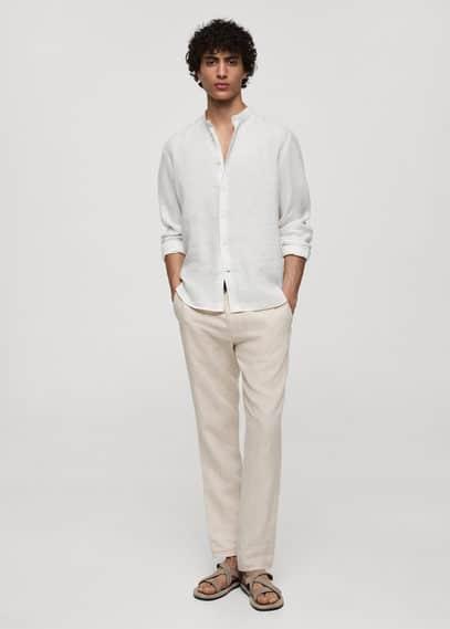 MANGO MAN - 100% linen Mao collar shirt whiteMen Product Image