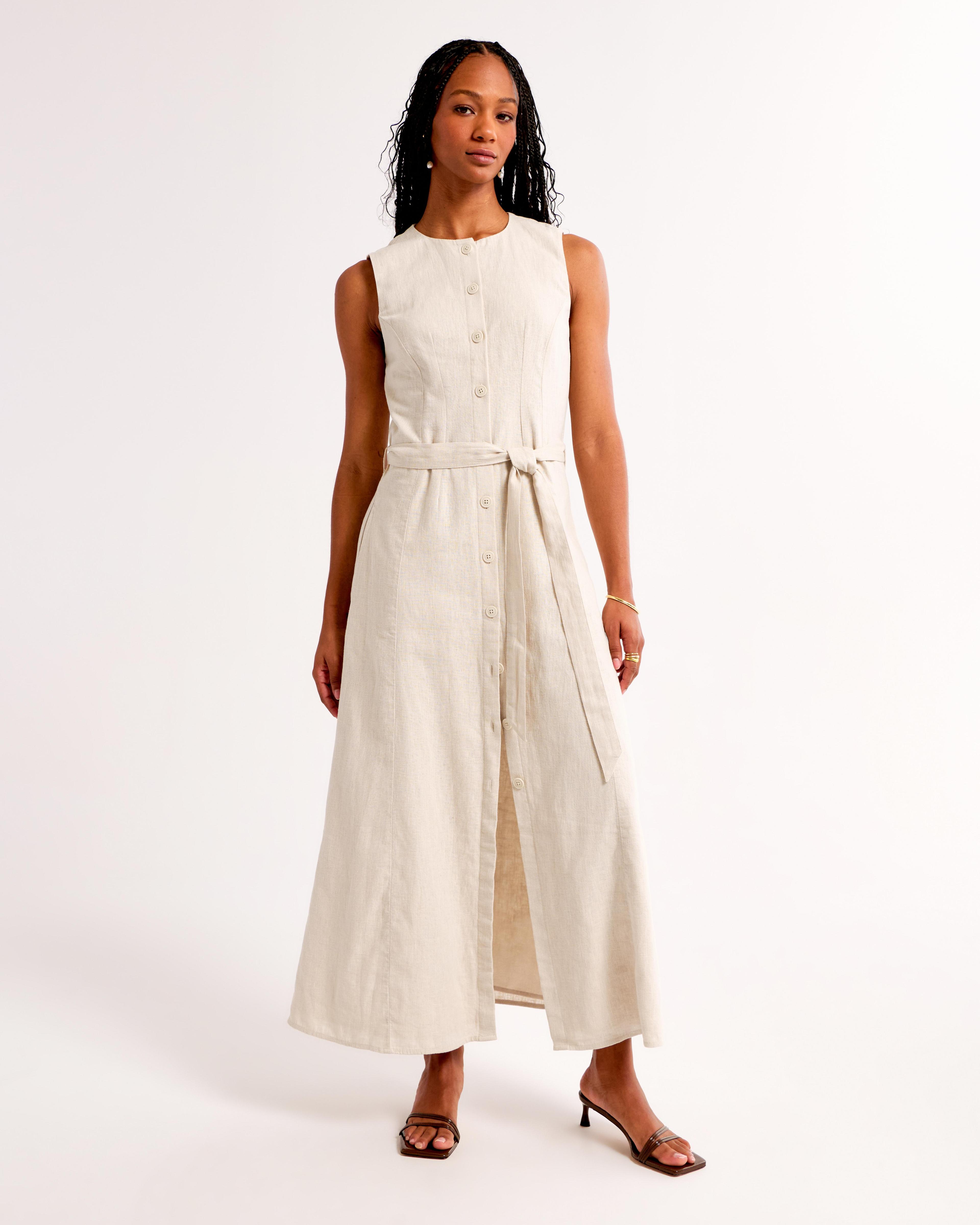 Linen-Blend Belted Midi Dress Product Image