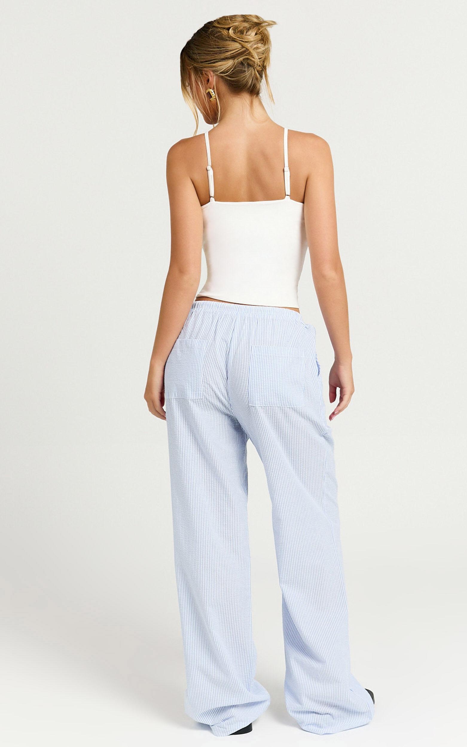 Harlo Pants - Mid Waisted Relaxed Leg Stripe Pants in Blue/ White Product Image