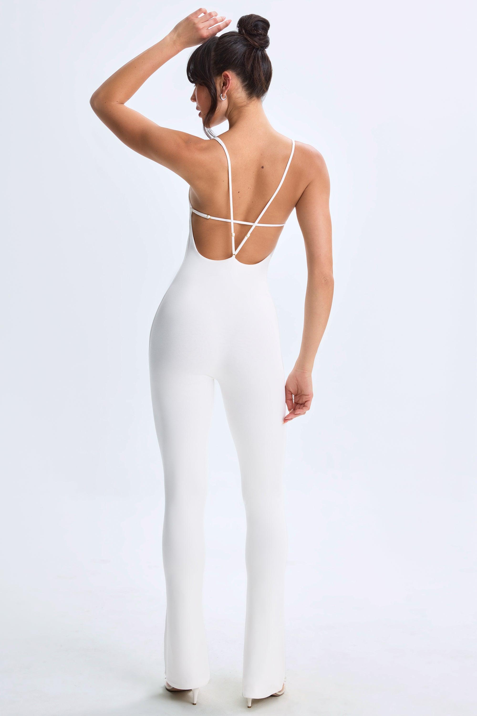 Tall Plunge Open-Back Flared Jumpsuit in White Female Product Image