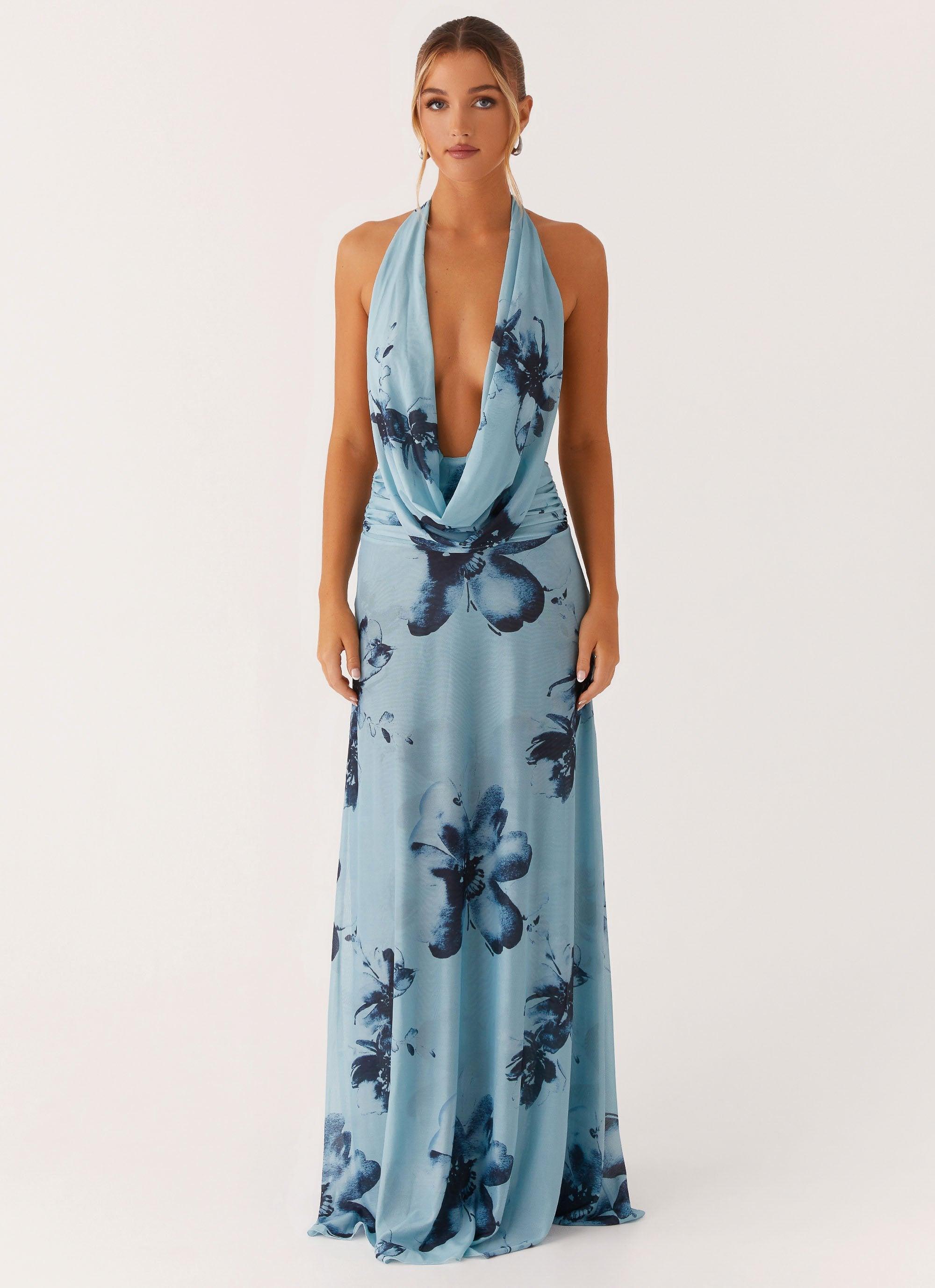 Elysia Mesh Maxi Dress - Blue Black Floral Product Image